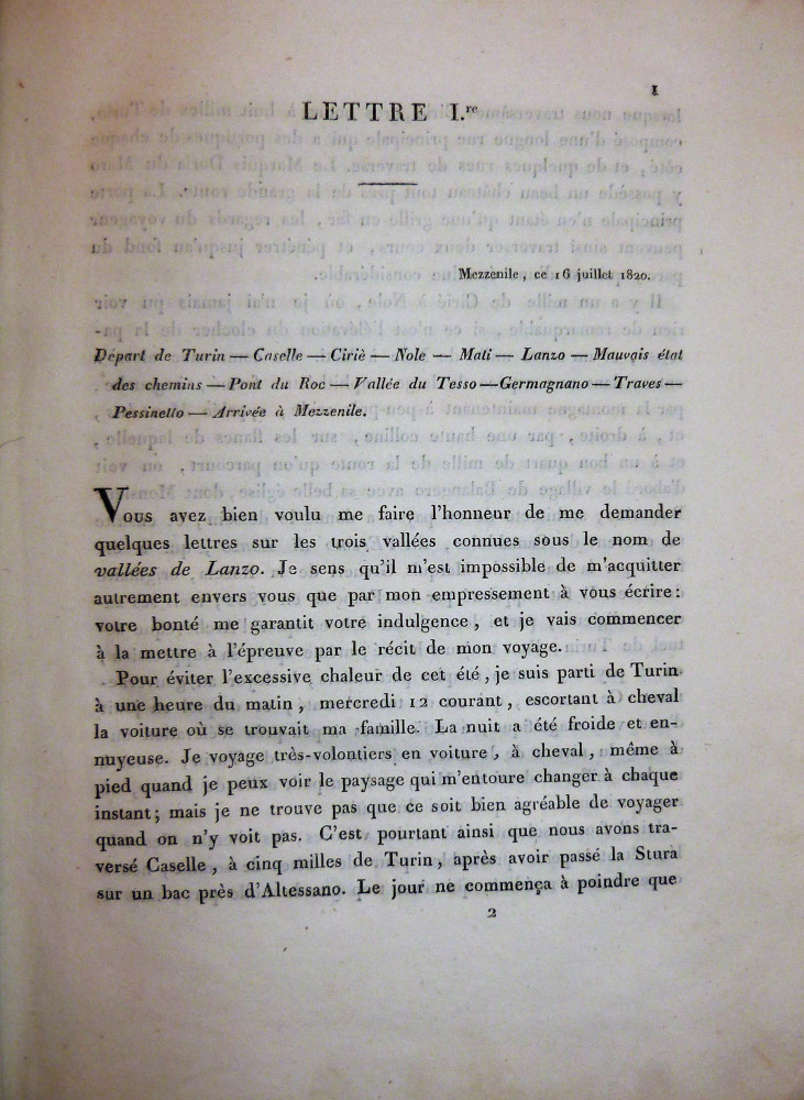 Francesetti, Louis. Lettres sur les Vallées de Lanzo. Torino, Chirio e Mina, 1823.