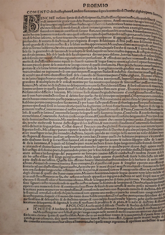 Alighieri, Dante. La Commedia, col commento di Cristoforo Landino. Venezia, Octaviano Scoto da Monza, 1484 - 23 marzo (in fine).