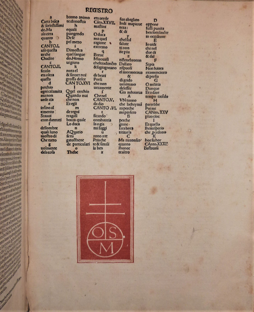 Alighieri, Dante. La Commedia, col commento di Cristoforo Landino. Venezia, Octaviano Scoto da Monza, 1484 - 23 marzo (in fine).