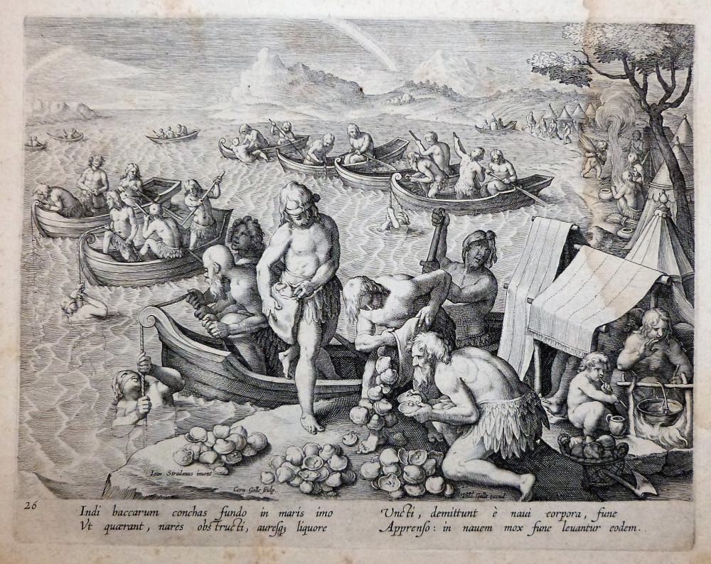 Caccia-Indi baccarum conchas fundo in maris. Anversa, Giovanni Stradano - Philip Galle, 1578-1596.
