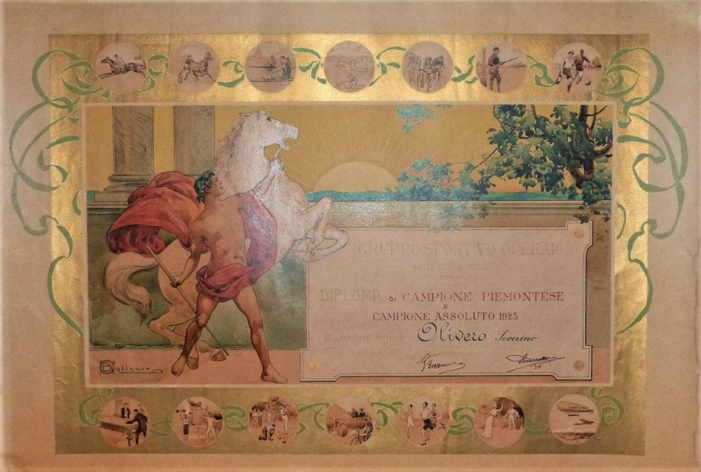 Gruppo sportivo operaio. Diploma di campione piemontese. Torino,  Francesco Ballesio, 1923.