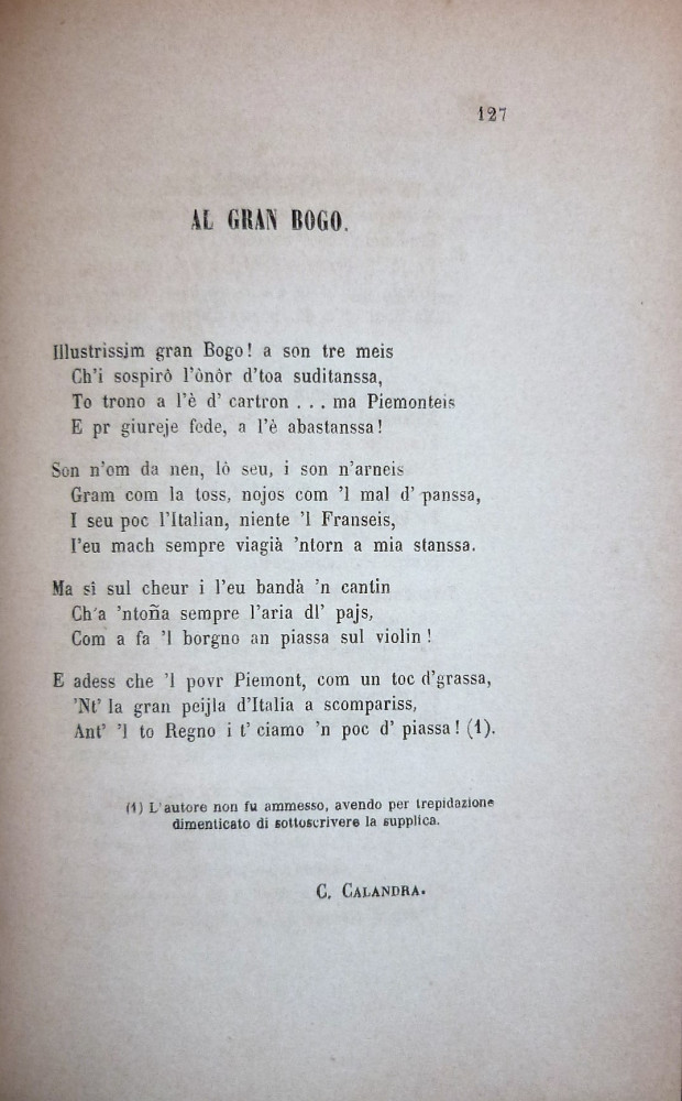 Mina, Stefano. Canzoni piemontesi e cenni storici sulla letteratura subalpina. Torino, Tipografia V. Vercellino, 1868.