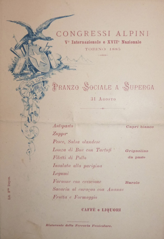 Gastronomia - Menù originale Pranzo Sociale Congresso Alpino. Torino, 31 agosto, 1885.