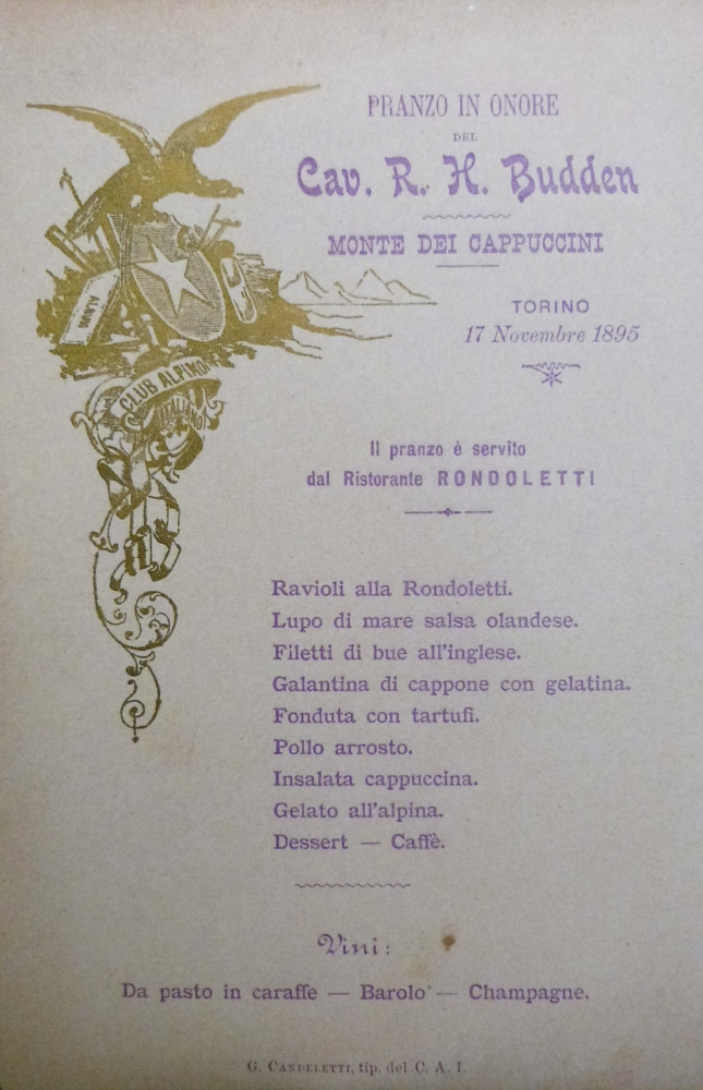 Gastronomia - Menù originale Ristorante Rondoletti. Torino, 17 novembre 1895.