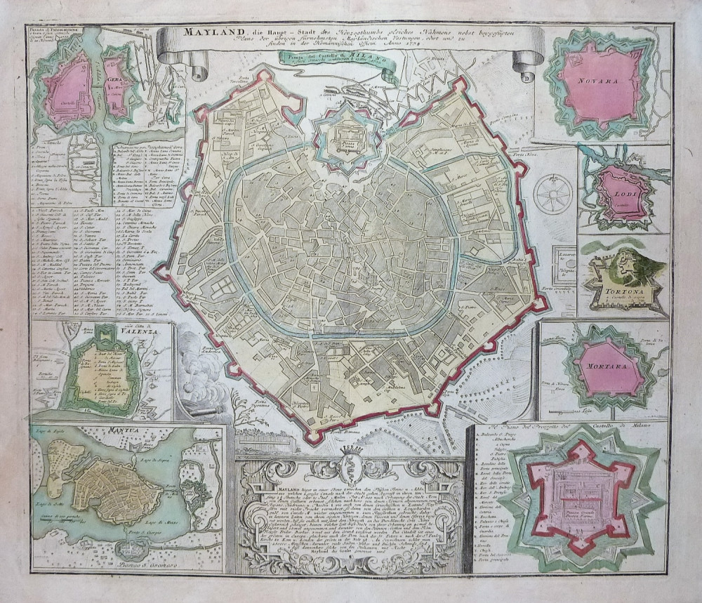 Milano, Novara, Lodi, Tortona, Mortara, Mantova, Valenza, Pizzighettone. Norimberga, eredi Homann, 1734.