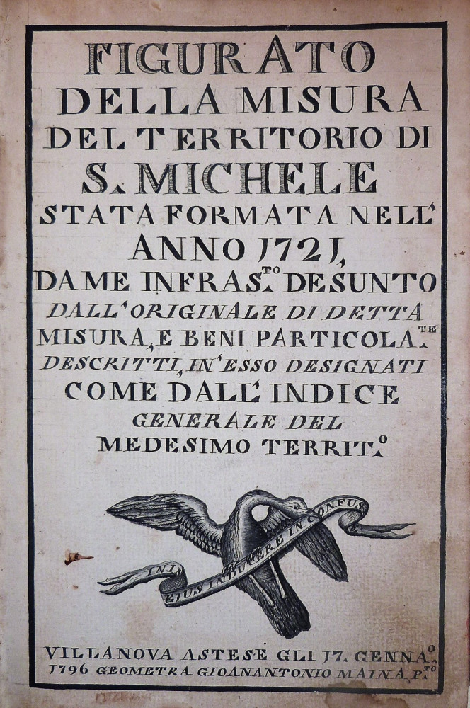 Manoscritto - Maina, Giovanni Antonio. Figurato della misura del territorio di S. Michele stata formata nell’anno 1721. Villanova d’Asti, 1796.