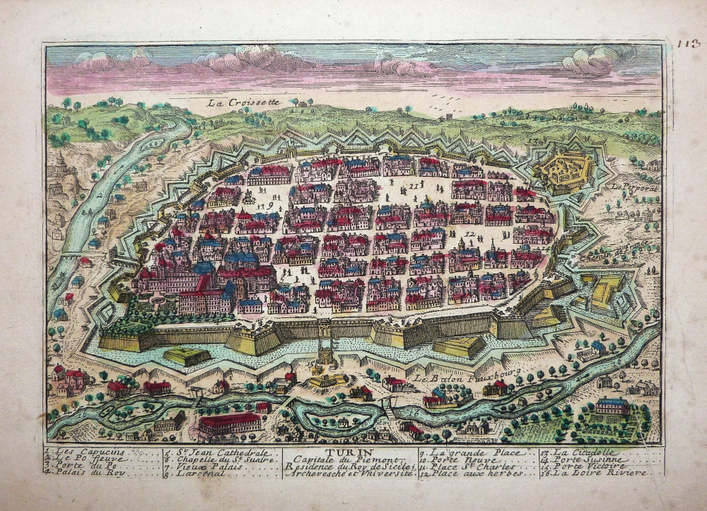 Turin Capitale du Piemont, residence du Roy de Sicile, Archevesche et Université. s.n.t. (ma 1715 circa).