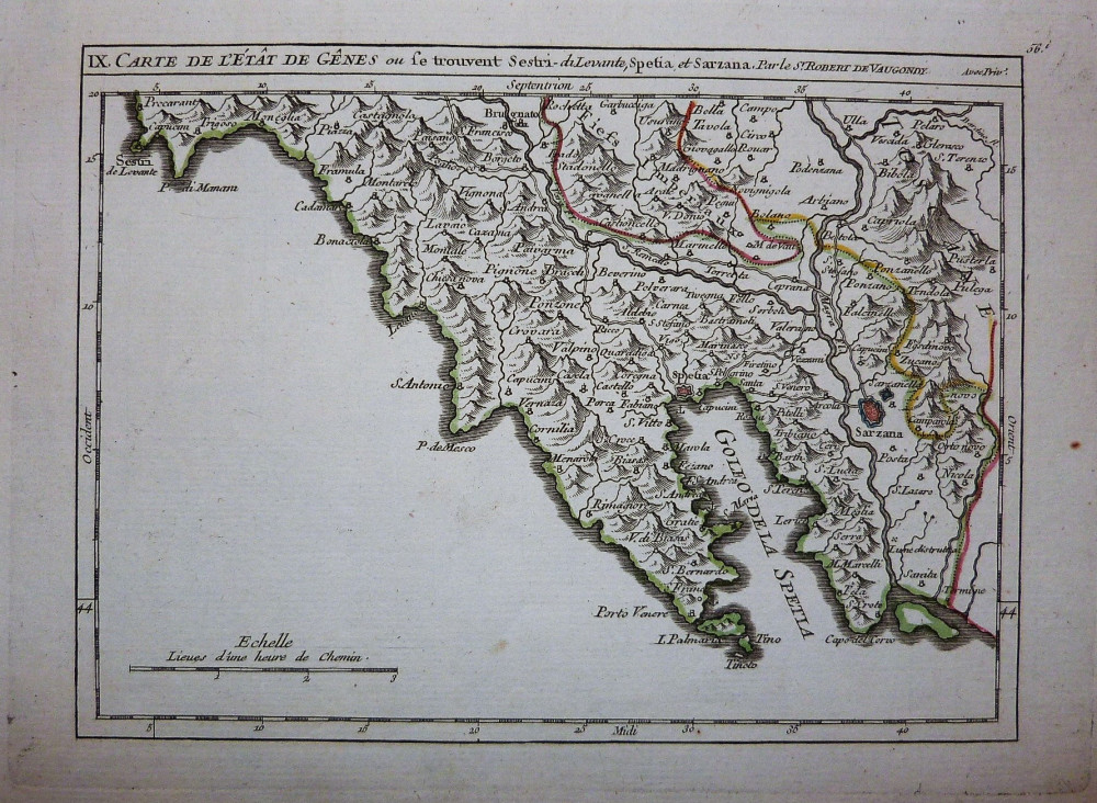 Carte de l'État de Gênes ou se trouvent Sestri-di Levante, Spetia, et Sarzana. Parigi, Gilles-Robert de Vaugondy, 1748.