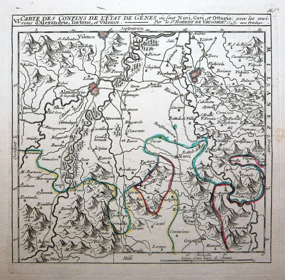 Carte des confins de l'État de Gênes ou sont Novi, Gavi, et Ottagio, avec les environs d'Alexandrie, Torone, et Valence. Parigi, Gilles-Robert de Vaugondy, 1748.