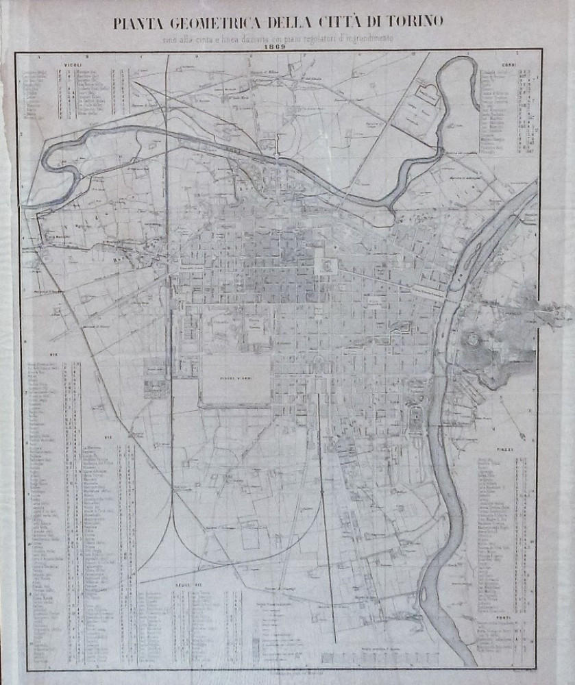 Pianta geometrica della città di Torino sino alla cinta e alla linea daziaria coi piani regolatori di ingrandimento. Torino, f.lli Doyen, 1869.