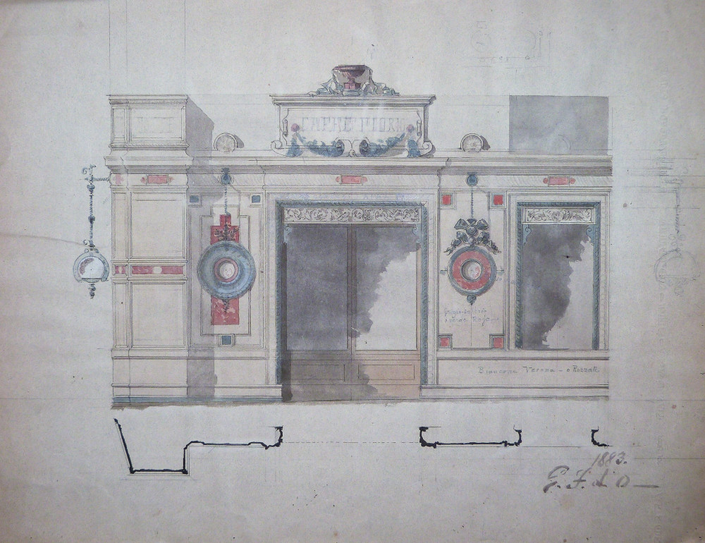 Disegno - Progetto del caffè Fiorio. Torino, Giuseppe Ferrari d’Orsara, 1883.
