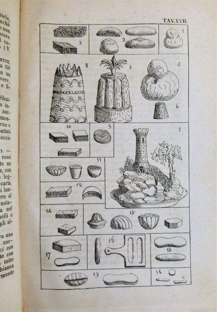 Vialardi, Giovanni. Trattato di cucina pasticceria moderna credenza e relativa confettureria. Torino, Tip. Favale & C., 1854.