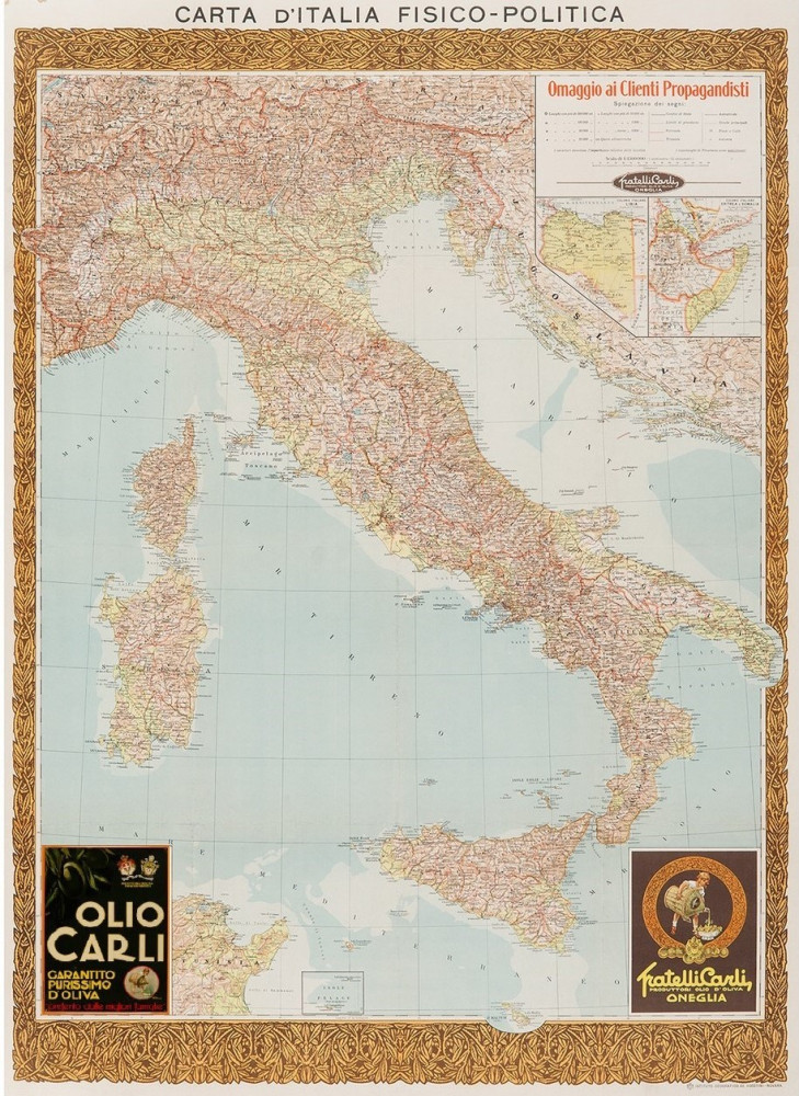 Carta d'Italia fisico-politica. Novara, F.lli Carli, 1928.