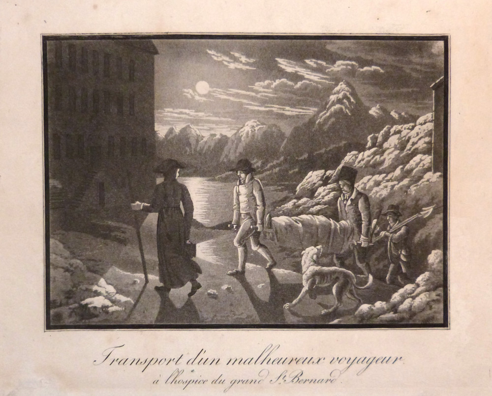 Transport d’un malheureux voyageur à l’Hospice du Grand S˕. Bernard. Basilea, Lamy, 1830 circa.