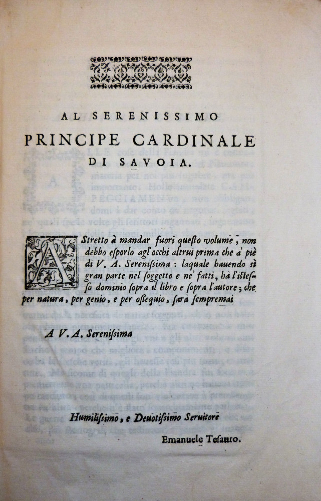 Tesauro, Emanuele. De’ campeggiamenti del Piemonte descritti dal conte D. Emanuel Tesauro cavalier Gran Croce de’ Santi Mauritio & Lazzaro. Torino, s.n.t. (1640).