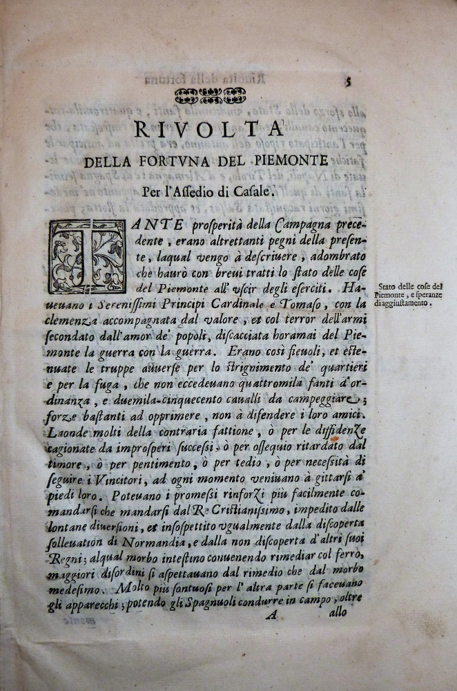 Tesauro, Emanuele. De’ campeggiamenti del Piemonte descritti dal conte D. Emanuel Tesauro cavalier Gran Croce de’ Santi Mauritio & Lazzaro. Torino, s.n.t. (1640).