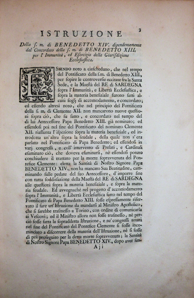 Collezione di provvidenze pontificie dipendenti dai concordati tra la Santa Sede e S. M. sopra l’immunità e l’esercizio della giurisdizione ecclesiastica. Torino, Stamperia Reale, 1770.