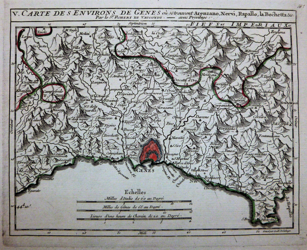 Carte des environs de Gênes où se trouvent Arenzano, Nervi, Rapallo, la Bochetta...  Parigi, Gilles-Robert de Vaugondy, 1748.