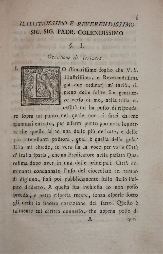 Concina, Daniele. Memorie storiche sopra l’uso della cioccolata in tempo di digiuno. Venezia, Simone Occhi, 1748.