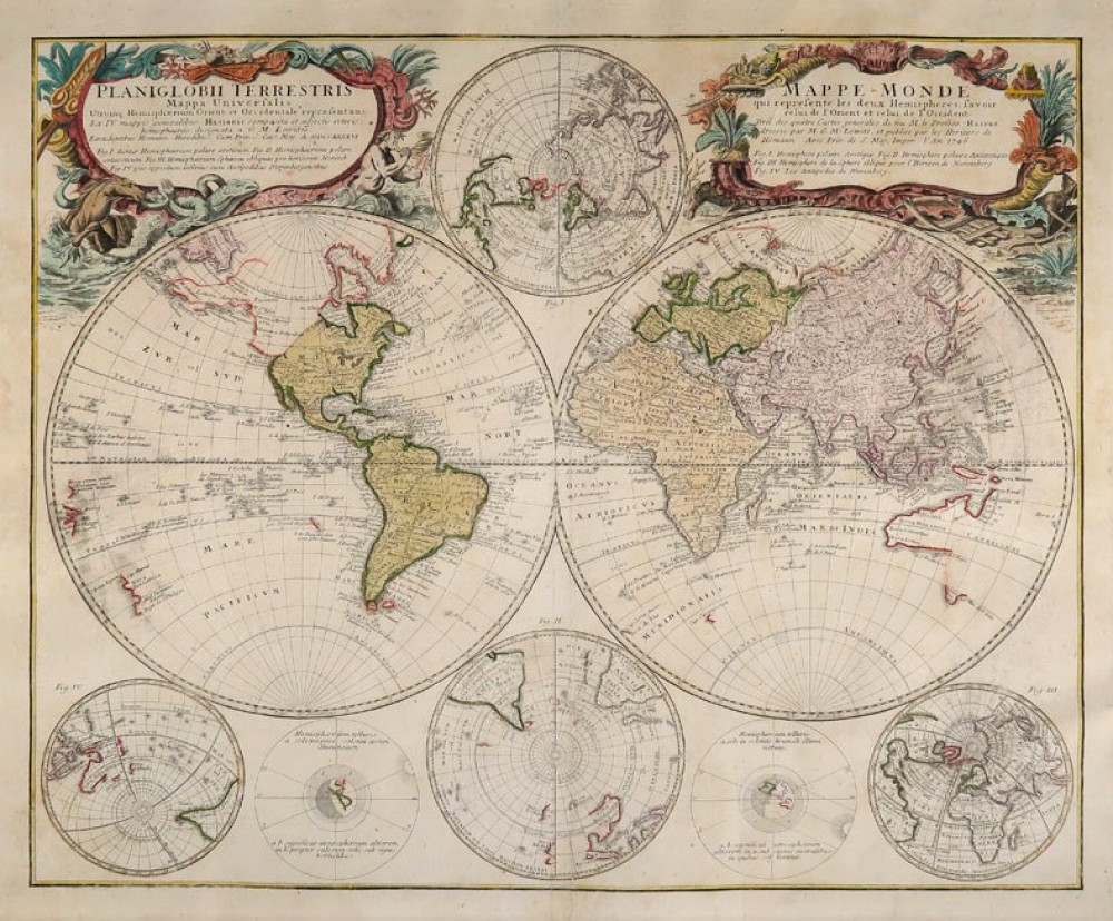 Planiglobii Terrestris Mappa Universalis Utrumq Hemisphærium Orient. et Occidentale. Norimberga, eredi Homann, 1746.