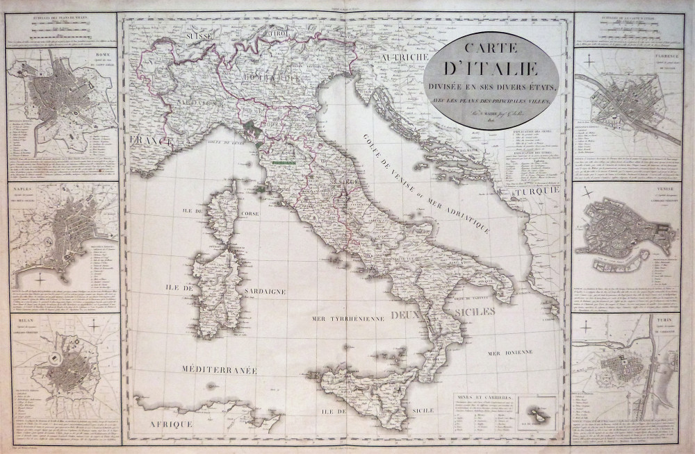 Carte d'Italie divisée en ses divers États, avec les plans des principales villes. Parigi, N. Maire, 1816.