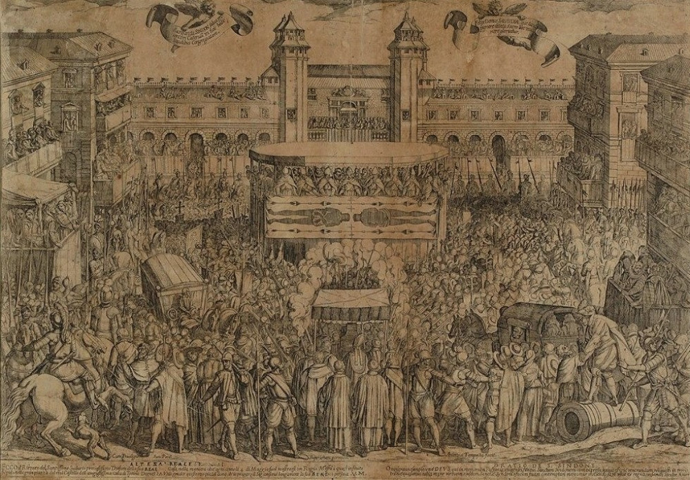 Ostensione della S. Sindone con veduta di piazza Castello. Torino, Antonio Tempesta, 1613.
