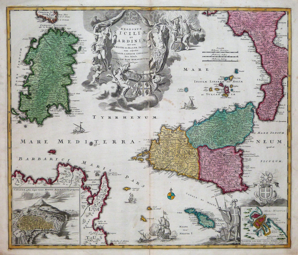 Regnorum Siciliæ et Sardiniæ nec non militiæ seu Maltæ insula, cum adjectis Italiæ et Africæ litoribus. Norimberga, Johann Baptiste Homann. 1690.