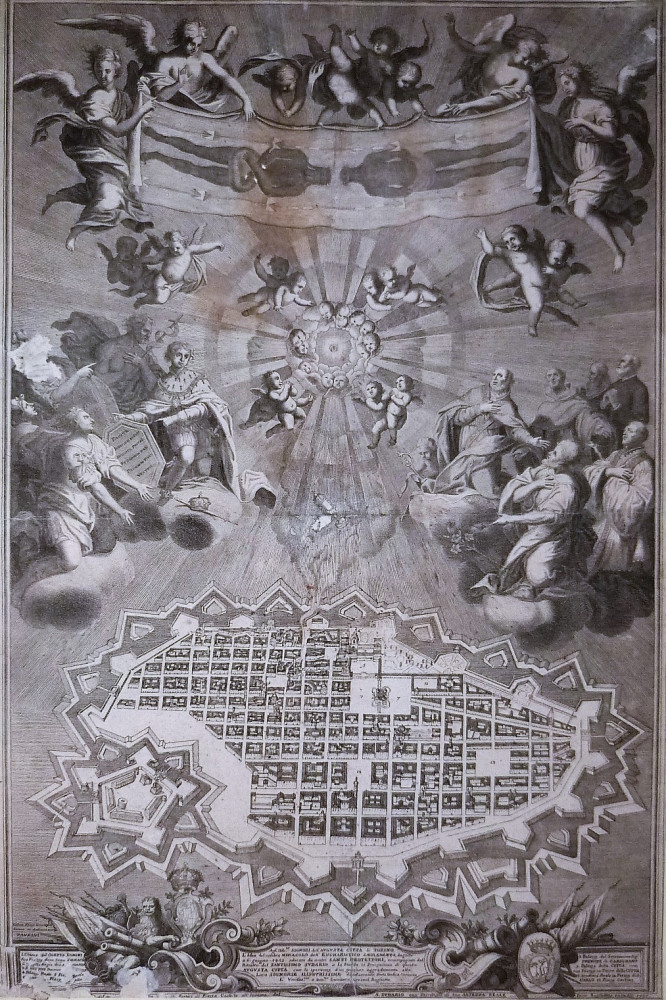 S. Sindone in gloria di angeli, il miracolo eucaristico, i Santi protettori di Torino e pianta della città. Torino, Giovanni Boglietto, 1701.