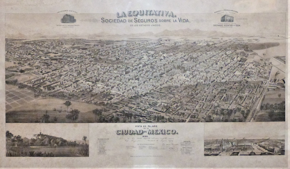 Vista de Pajaro de la Ciudad de Mexico. La equitativa societad de seguros sobre la vida de los Estados Unidos. Milwaukee, American Publishing & Co., 1890.