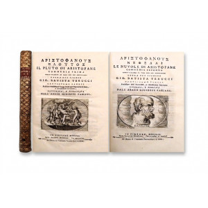 Aristofane - Fabiani, Giuseppe - Terucci, Giovanni Battista. Il Pluto di Aristofane Commedia prima greco-italiana […]. Firenze, nella stamperia Moückiana, 1751, legato con  Le nuvole di Aristofane  […]. Firenze, nella stamperia Moückiana, 1754.