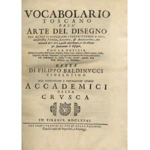 Baldinucci, Filippo. Vocabolario toscano dell’arte del disegno nel quale si esplicano i propri termini e voci, non solo della pittura, scultura, & architettura… Firenze, per Santi Franchi al Segno della Passione, 1681.