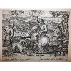 Caccia-Hic corrente lupo per aperti gramina campi. Anversa, Giovanni Stradano - Philip Galle, 1578-1596.