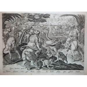 Caccia-Strution insequitur celeri gens maura moloso. Anversa, Giovanni Stradano - Philip Galle, 1578-1596.