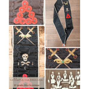 Collare Massonico 9° grado Rito Scozzese in raso nero con coccarda tricolore. 1900 circa. 