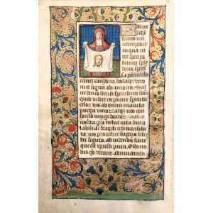 Foglio membranaceo miniato - Santa Veronica con il velo e Discesa dello Spirito Santo, miniature, Libro d'Ore (all'uso di Roma). Francia, 1450 circa. 