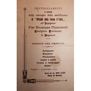 Gastronomia - Menù originale. Bagnasco, 15 novembre, 1925.