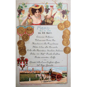 Gastronomia - Menù originale Stab. Vinicolo Enrico Cogliati & C. Genova, 1910 circa.