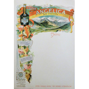 Gastronomia - Menù originale Liqueur Angélica des Pyrénées. Parigi, Champénois , 1940 circa.