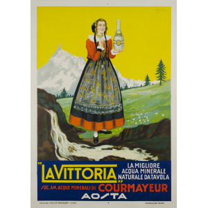 La Vittoria. La migliore acqua minerale naturale da tavola. Soc. an. acque minerali di Courmayeur Aosta. Torino, Müller-Bresciani , 1937.