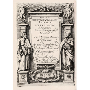 Magni, Pietro Paolo. Discorsi di Pietro Paolo Magni piacentino sopra il mondo di sanguinare. Roma, per Bartholomeo Bonfadino nel Pellegrino,1586 - (in fine).
