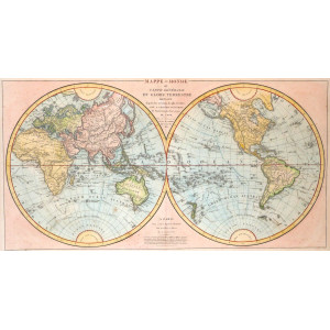 Mappe-monde ou carte générale du globe terrestre dressée d'après les relations les plus récentes, avec la division océanique et l'indication des trois voyages de Cook. Parigi, Félix Delamarche, 1830. 