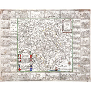 Nova carta della Savoia Piemonte e Monferrato, Stato di Milano con le frontiere di Francia. Republica di Genova e de svizzeri. Antonio Verga, 1631.