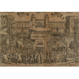Ostensione della S. Sindone con veduta di piazza Castello. Torino, Antonio Tempesta, 1613.
