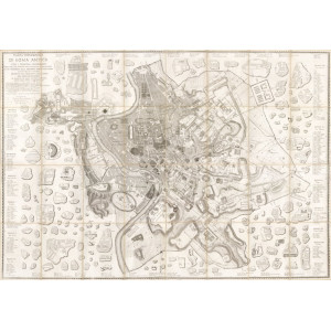 Pianta topografica di Roma antica con i principali monumenti ideati nel loro primitivo stato secondo le ultime scoperte e con i frammenti della marmorea pianta capitolina sisposti nel suo d’intorno. s.n.t. [ma Roma, 1840].