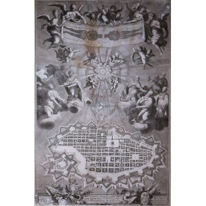S. Sindone in gloria di angeli, il miracolo eucaristico, i Santi protettori di Torino e pianta della città. Torino, Giovanni Boglietto, 1701.