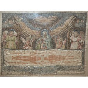 Sindone ricamata su seta contornata da Madonna, Angeli ed emblemi della Passione. Torino, fine XVII sec.