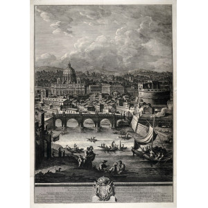 Vasi, Giuseppe. Omnia romanae cedant miracula terrae Natura hic posuit quicquid ubique fuit -  Il prospetto della città Leonina, che si vede colla Basilica Vaticana. Roma, 1765.
