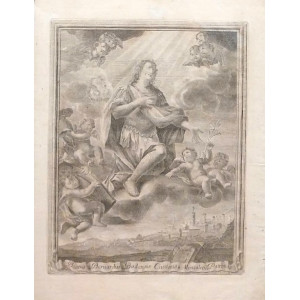Veduta di Moncalieri con il suo Santo Patrono - Beato Bernardus Badensis Civitatis Moncalierij Patronus. Torino, Mairesse, 1721.
